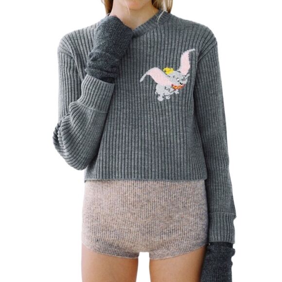 Zara Disney Dumbo Cropped Ribbed Knit Sweater Grey Size Small - Picture 1 of 6
